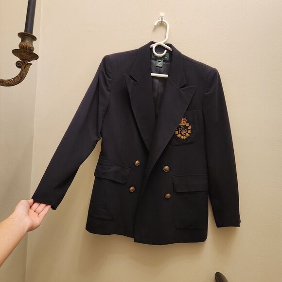 Vtg Ralph Lauren Worsted Wool Royal Crown Crest Navy Double-Breasted Blazer - Picture 3 of 15